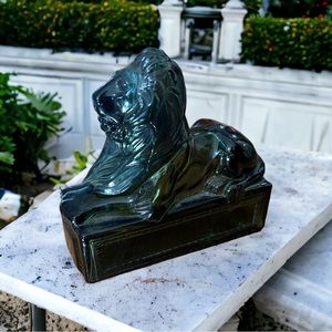 Vintage Avon Glass Lion Green Lion Statue Avon Glass Bottle w Plastic Head Empty